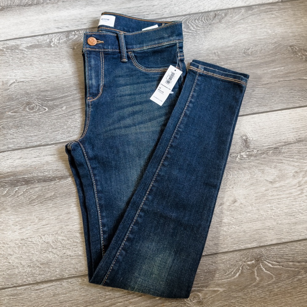 NEW OLD NAVY ROCKSTAR SKINNY JEGGINGS (GIRLS 12 - DARKER BLUE WASH W/DISTRESS)